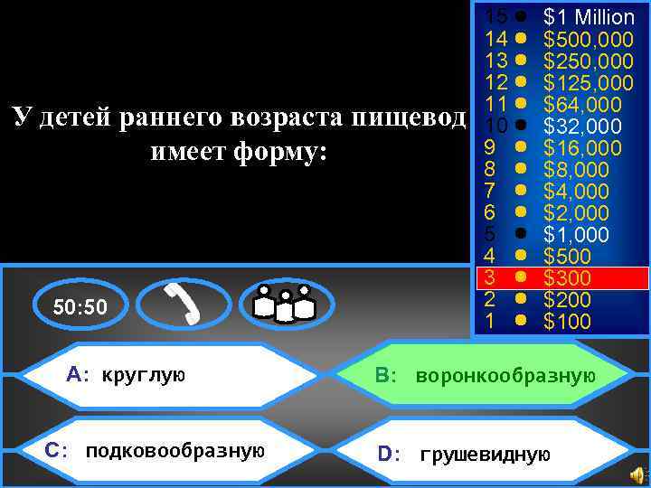 $300 У детей раннего возраста пищевод имеет форму: 50: 50 A: круглую C: подковообразную