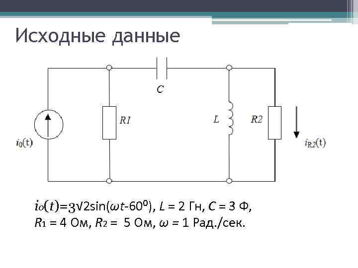 Исходные данные i 0(t)=3√ 2 sin(ωt-60⁰), L = 2 Гн, С = 3 Ф,