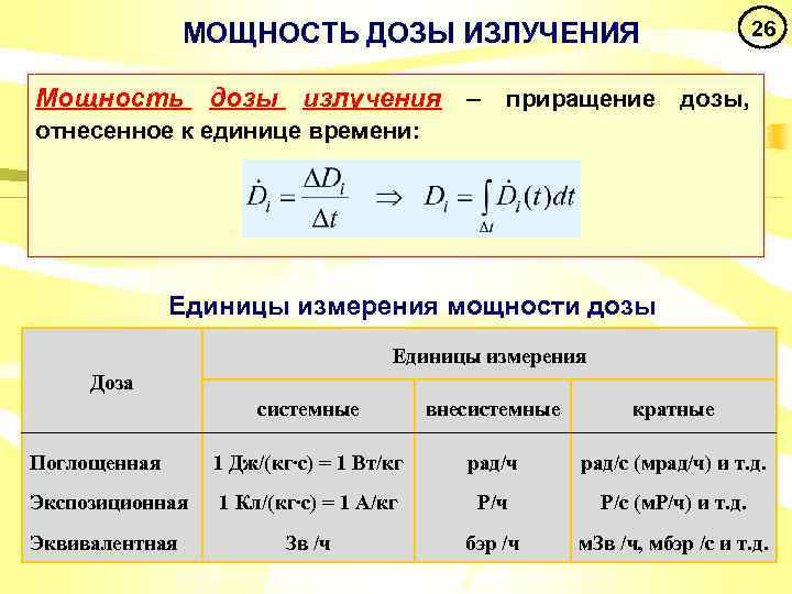 МОЩНОСТЬ ДОЗЫ ИЗЛУЧЕНИЯ 26 Мощность дозы излучения – приращение дозы, отнесенное к единице времени: