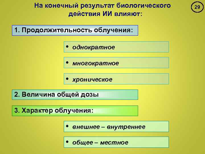 На конечный результат биологического действия ИИ влияют: 1. Продолжительность облучения: • однократное • многократное