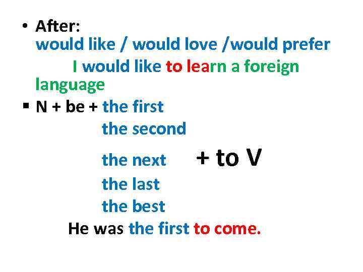  • After: would like / would love /would prefer I would like to