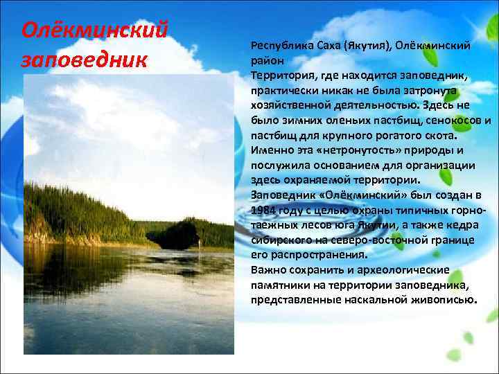 Олёкминский заповедник Республика Саха (Якутия), Олёкминский район Территория, где находится заповедник, практически никак не