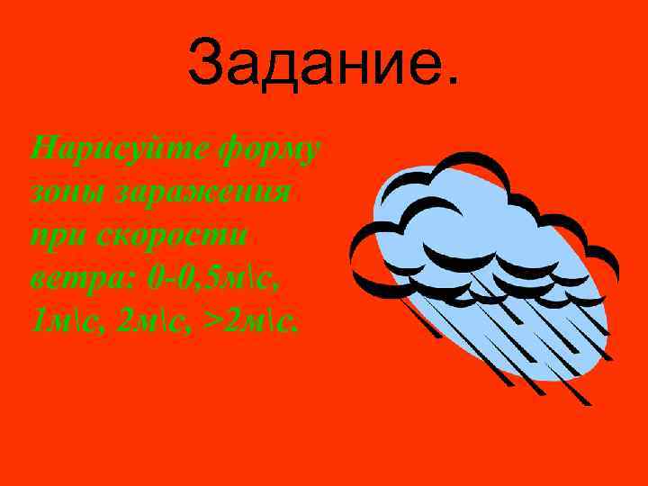 Задание. Нарисуйте форму зоны заражения при скорости ветра: 0 -0, 5 мс, 1 мс,