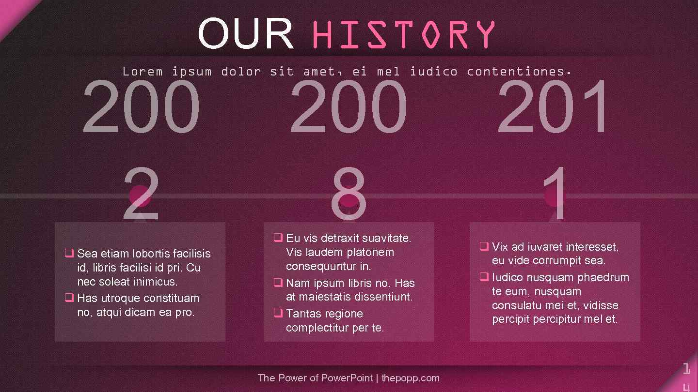 OUR HISTORY Lorem ipsum dolor sit amet, ei mel iudico contentiones. 200 2 q