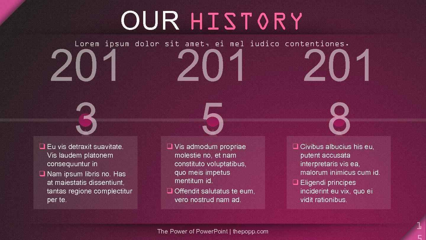 OUR HISTORY Lorem ipsum dolor sit amet, ei mel iudico contentiones. 201 3 q