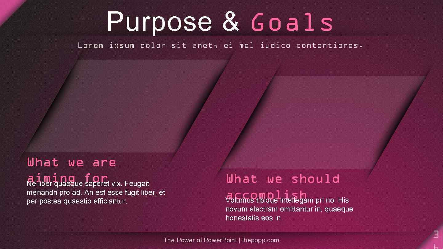 Purpose & Goals Lorem ipsum dolor sit amet, ei mel iudico contentiones. What we