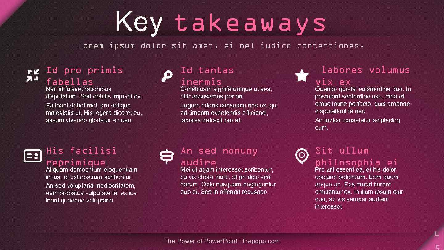 Key takeaways Lorem ipsum dolor sit amet, ei mel iudico contentiones. Id pro primis