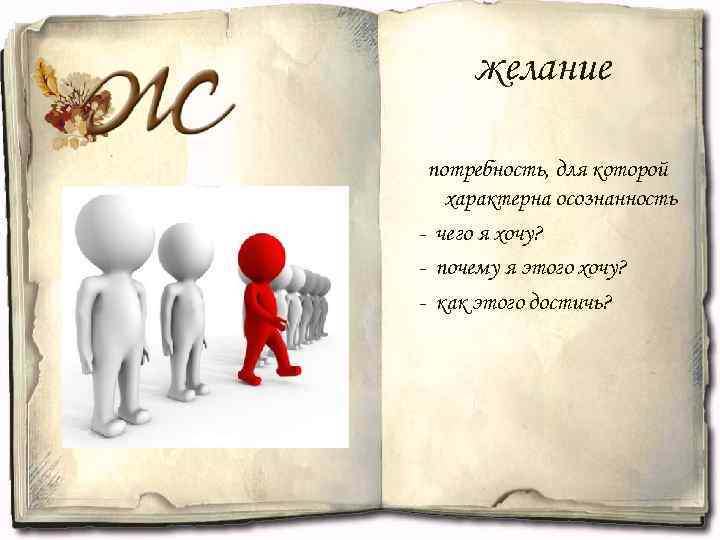 желание потребность, для которой характерна осознанность - чего я хочу? - почему я этого