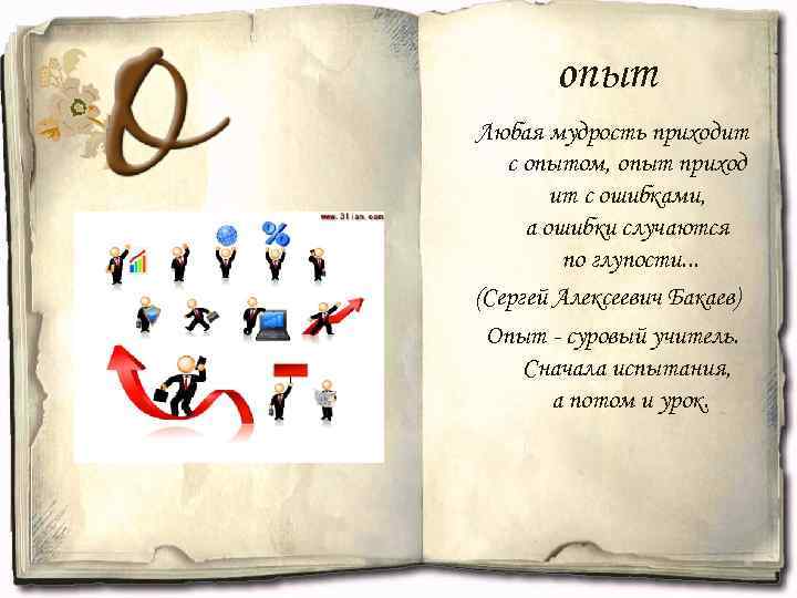 опыт Любая мудрость приходит с опытом, опыт приход ит с ошибками, а ошибки случаются