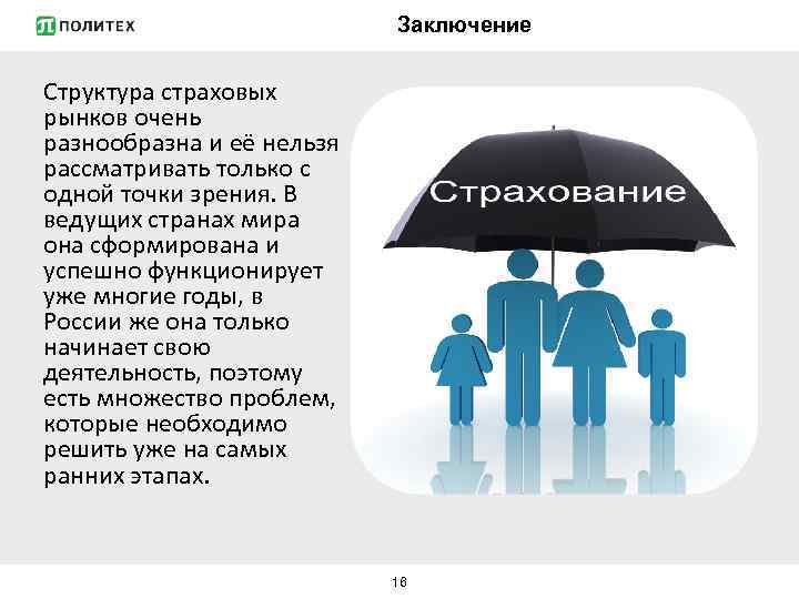 Заключение Структура страховых рынков очень разнообразна и её нельзя рассматривать только с одной точки