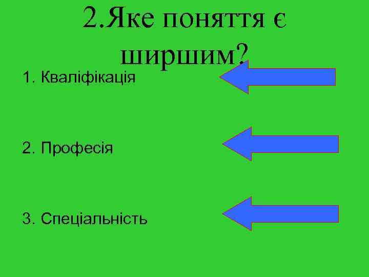 2. Яке поняття є ширшим? 1. Кваліфікація 2. Професія 3. Спеціальність 