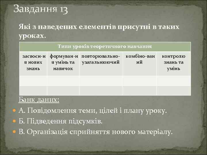 Завдання 13 Які з наведених елементів присутні в таких уроках. Типи уроків теоретичного навчання