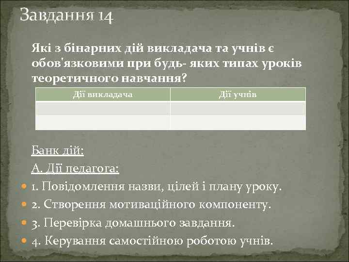 Завдання 14 Які з бінарних дій викладача та учнів є обов'язковими при будь яких