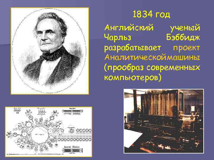 1834 год Английский ученый Чарльз Бэббидж разрабатывает проект Аналитической машины (прообраз современных компьютеров) 