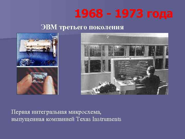 1968 - 1973 года ЭВМ третьего поколения Первая интегральная микросхема, выпущенная компанией Texas Instruments