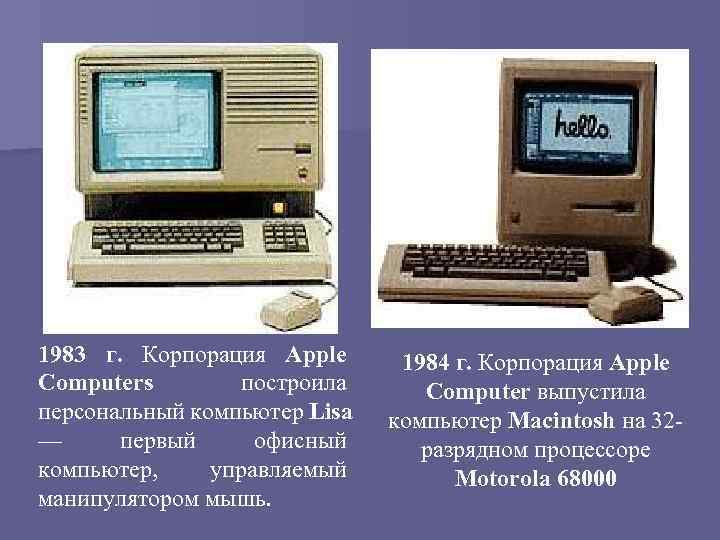 1983 г. Корпорация Apple Computers построила персональный компьютер Lisa — первый офисный компьютер, управляемый