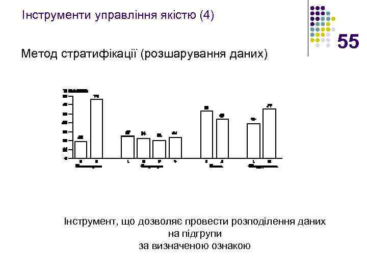 Інструменти управління якістю (4) Метод стратифікації (розшарування даних) Інструмент, що дозволяє провести розподілення даних