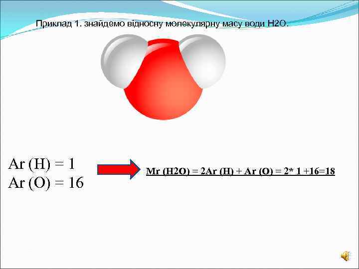 Приклад 1. знайдемо відносну молекулярну масу води H 2 O. Ar (H) = 1