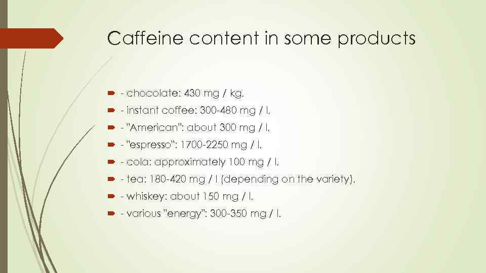 Caffeine content in some products - chocolate: 430 mg / kg, - instant coffee: