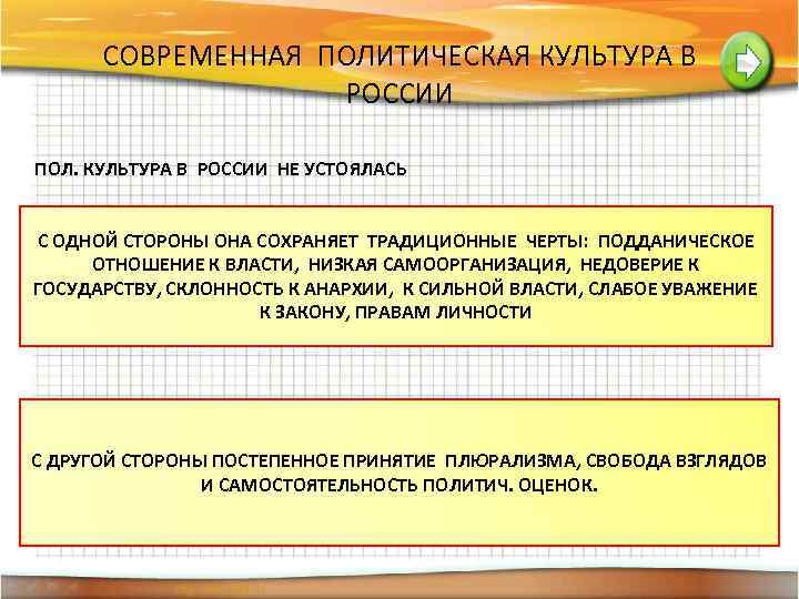 СОВРЕМЕННАЯ ПОЛИТИЧЕСКАЯ КУЛЬТУРА В РОССИИ ПОЛ. КУЛЬТУРА В РОССИИ НЕ УСТОЯЛАСЬ С ОДНОЙ СТОРОНЫ