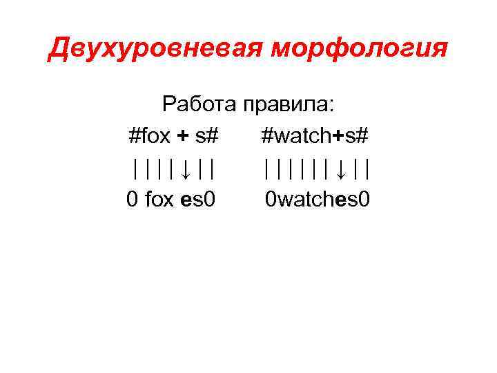 Двухуровневая морфология Работа правила: #fox + s# #watch+s# ||||↓|| ||||||↓|| 0 fox es 0