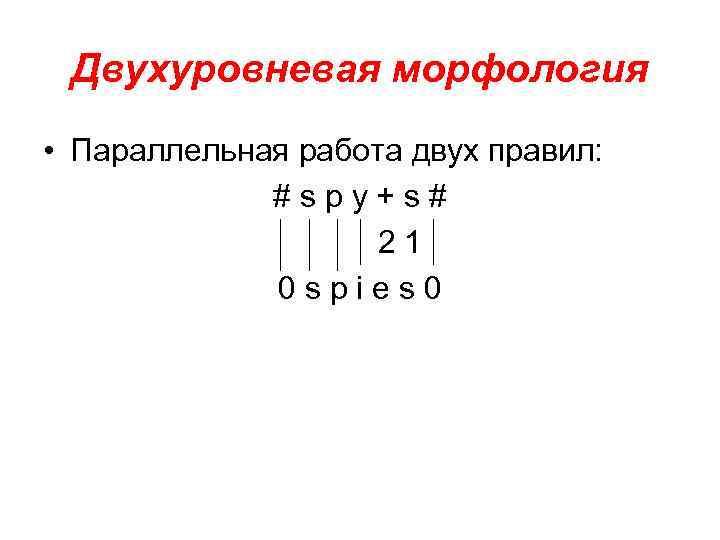 Двухуровневая морфология • Параллельная работа двух правил: #spy+s# 21 0 spies 0 