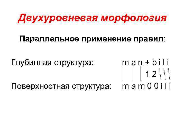 Двухуровневая морфология Параллельное применение правил: Глубинная структура: Поверхностная структура: man+bili 12 mam 00 ili