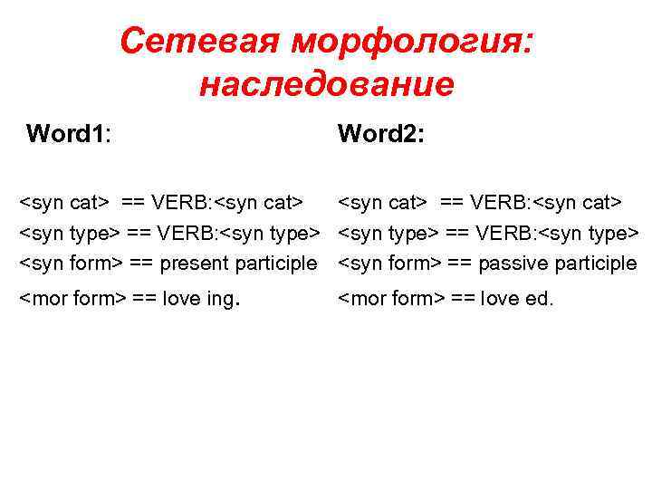 Сетевая морфология: наследование Word 1: Word 2: <syn cat> == VERB: <syn cat> <syn