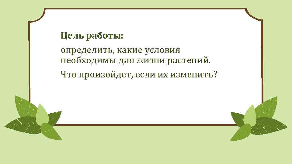 Цель работы: определить, какие условия необходимы для жизни растений. Что произойдет, если их изменить?