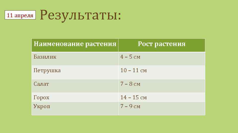 11 апреля Результаты: Наименование растения Рост растения Базилик 4 – 5 см Петрушка 10