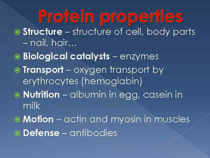 Protein properties Structure – structure of cell, body parts – nail, hair… Biological catalysts