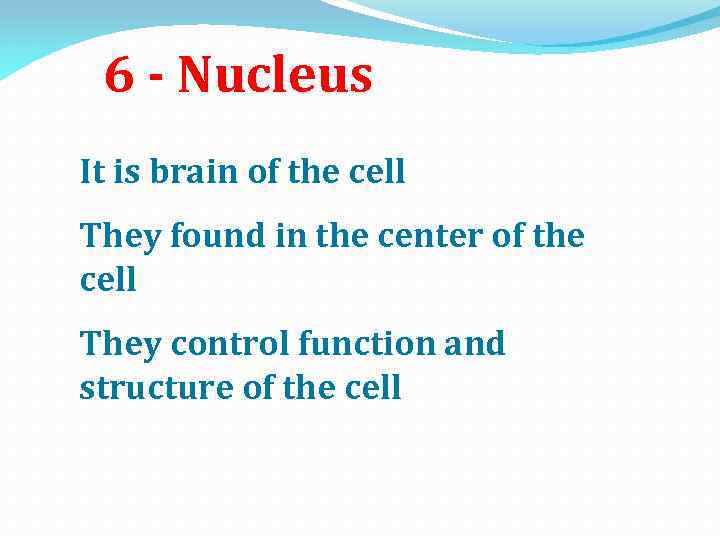 6 - Nucleus It is brain of the cell They found in the center