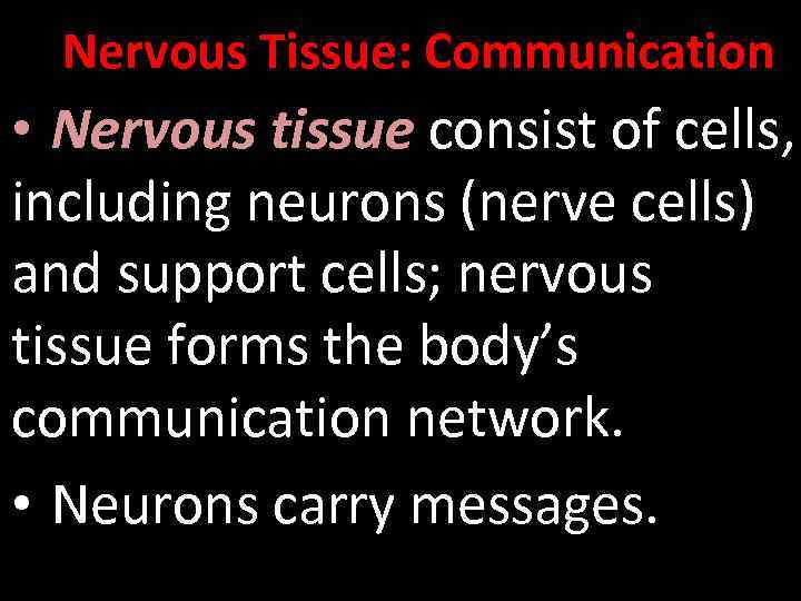 Nervous Tissue: Communication • Nervous tissue consist of cells, including neurons (nerve cells) and