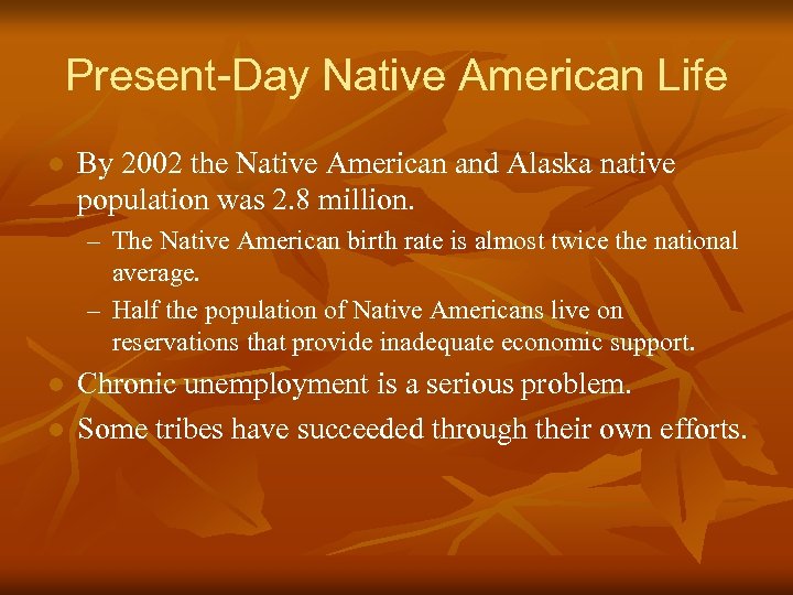 Present-Day Native American Life l By 2002 the Native American and Alaska native population