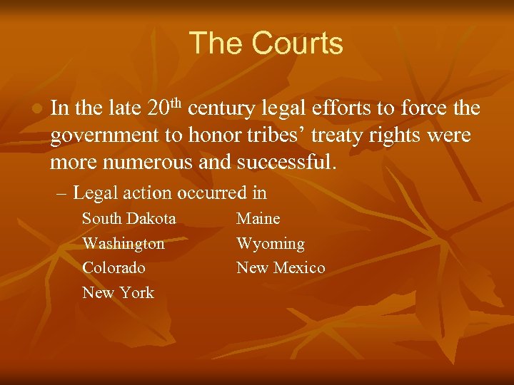 The Courts l In the late 20 th century legal efforts to force the