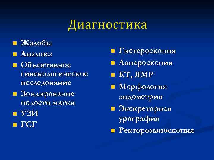 n n n Жалобы Анамнез Объективное гинекологическое исследование Зондирование полости матки УЗИ ГСГ n