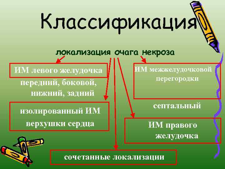 Классификация локализация очага некроза ИМ левого желудочка передний, боковой, нижний, задний изолированный ИМ верхушки