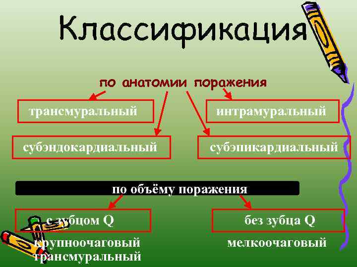 Классификация по анатомии поражения трансмуральный субэндокардиальный интрамуральный субэпикардиальный по объёму поражения с зубцом Q