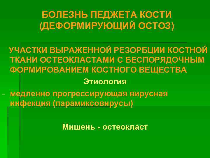 БОЛЕЗНЬ ПЕДЖЕТА КОСТИ (ДЕФОРМИРУЮЩИЙ ОСТОЗ) УЧАСТКИ ВЫРАЖЕННОЙ РЕЗОРБЦИИ КОСТНОЙ ТКАНИ ОСТЕОКЛАСТАМИ С БЕСПОРЯДОЧНЫМ ФОРМИРОВАНИЕМ