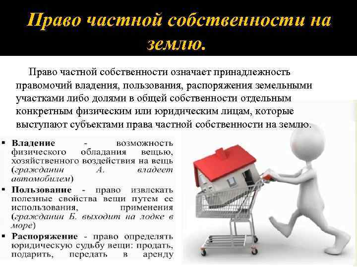 Право частной собственности на землю. Право частной собственности означает принадлежность правомочий владения, пользования, распоряжения