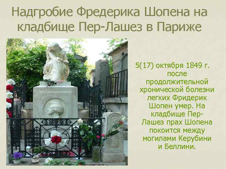Надгробие Фредерика Шопена на кладбище Пер-Лашез в Париже 5(17) октября 1849 г. после продолжительной