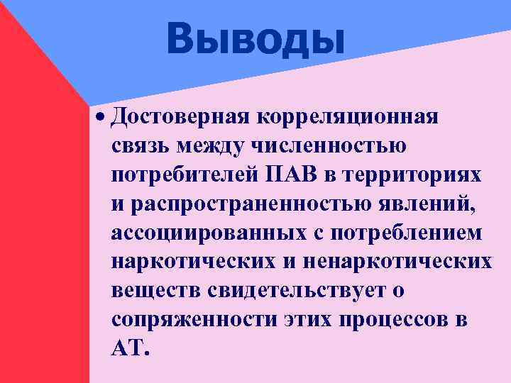 Выводы · Достоверная корреляционная связь между численностью потребителей ПАВ в территориях и распространенностью явлений,