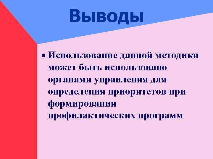 Выводы · Использование данной методики может быть использовано органами управления для определения приоритетов при