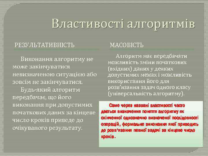 Властивості алгоритмів РЕЗУЛЬТАТИВНІСТЬ Виконання алгоритму не може закінчуватися невизначеною ситуацією або зовсім не закінчуватися.