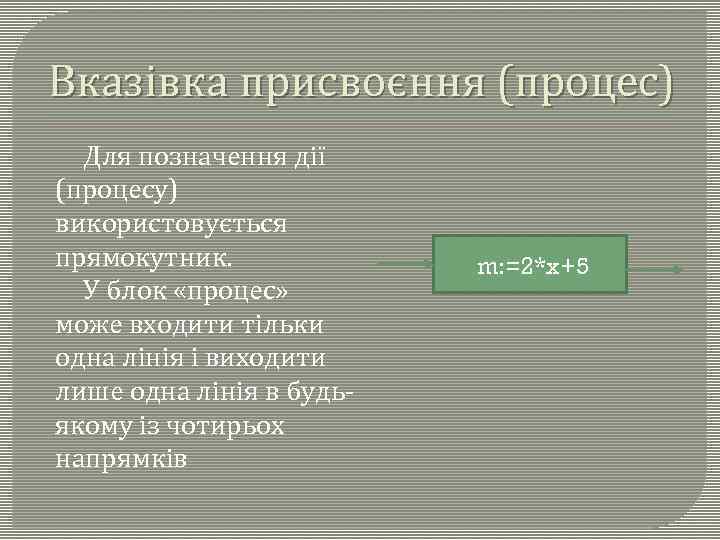 Вказівка присвоєння (процес) Для позначення дії (процесу) використовується прямокутник. У блок «процес» може входити