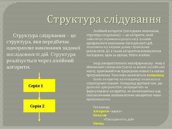 Структура слідування – це структура, яка передбачає одноразове виконання заданої послідовності дій. Структура реалізується