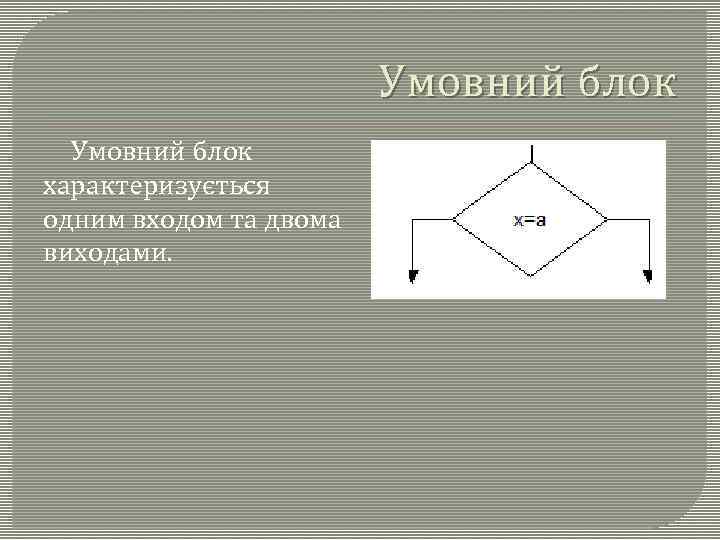 Умовний блок характеризується одним входом та двома виходами. 