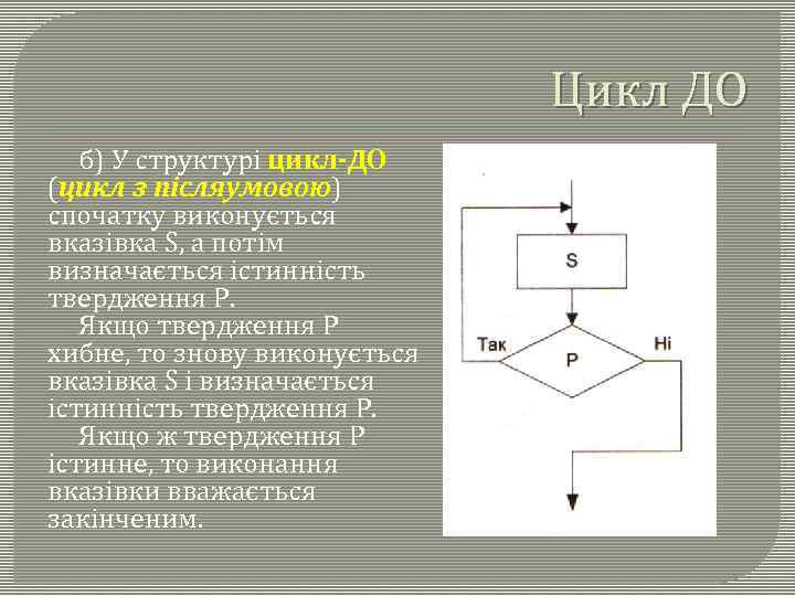 Цикл ДО б) У структурі цикл-ДО (цикл з післяумовою) спочатку виконується вказівка S, а