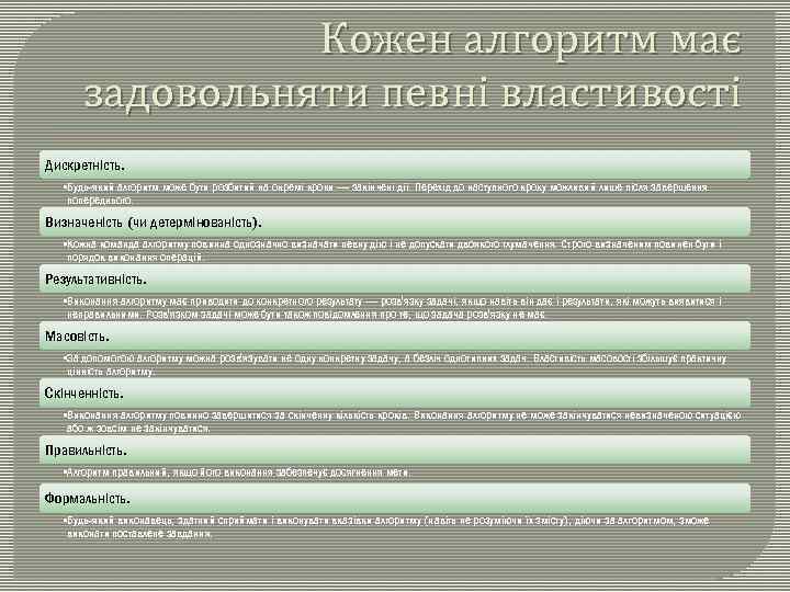 Кожен алгоритм має задовольняти певні властивості Дискретність. • Будь-який алгоритм може бути розбитий на