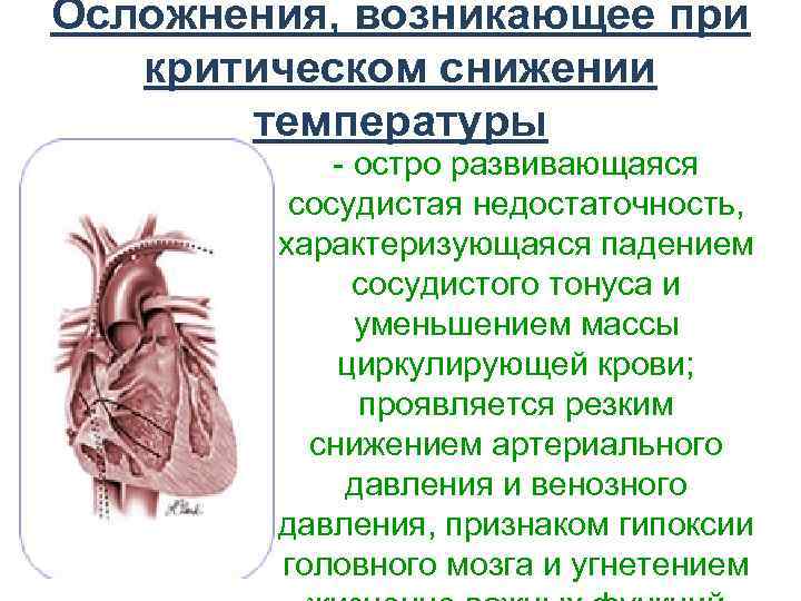 Осложнения, возникающее при критическом снижении температуры - остро развивающаяся сосудистая недостаточность, характеризующаяся падением сосудистого